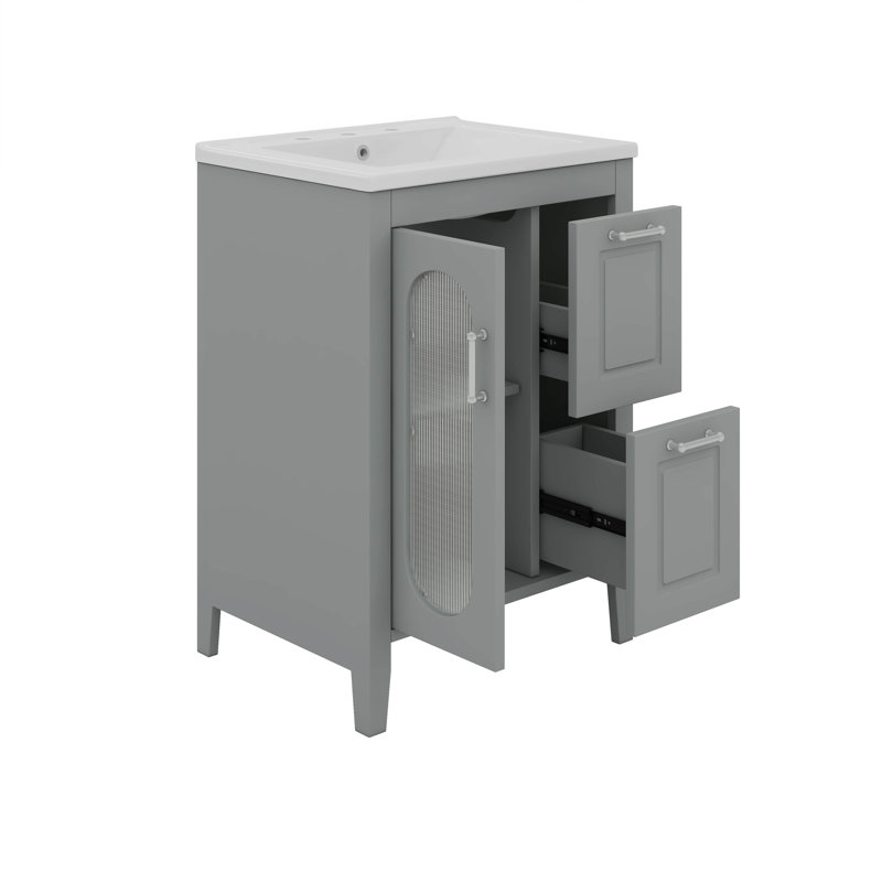 Armoire de meuble-lavabo avec deux tiroirs et porte, tablette réglable, Gris