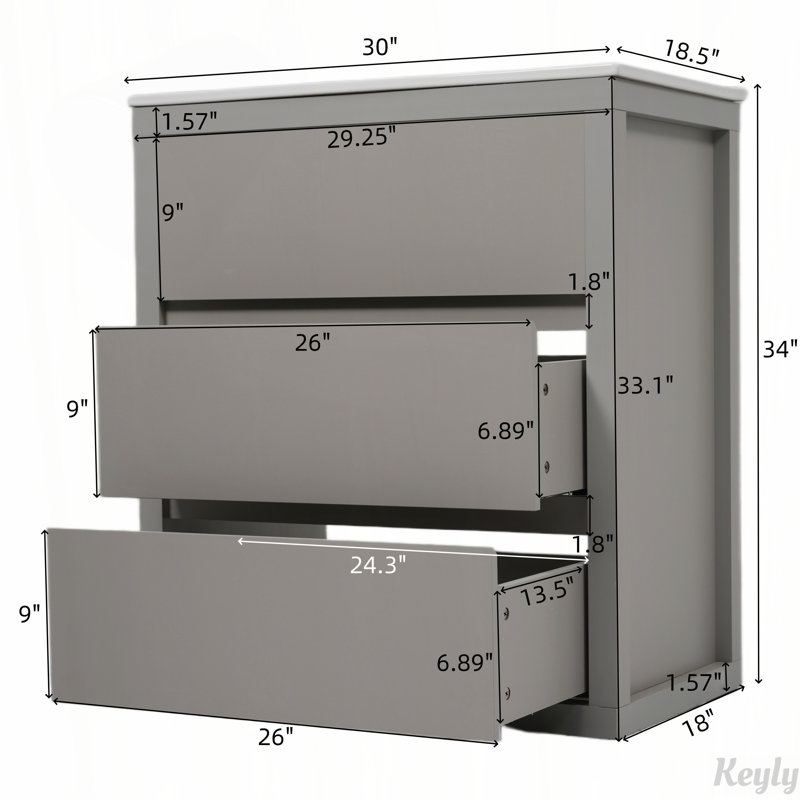 Meuble-lavabo 30 po avec lavabo en céramique et 2 tiroirs pleine extension, conception à poignée libre à 45 °, Gris