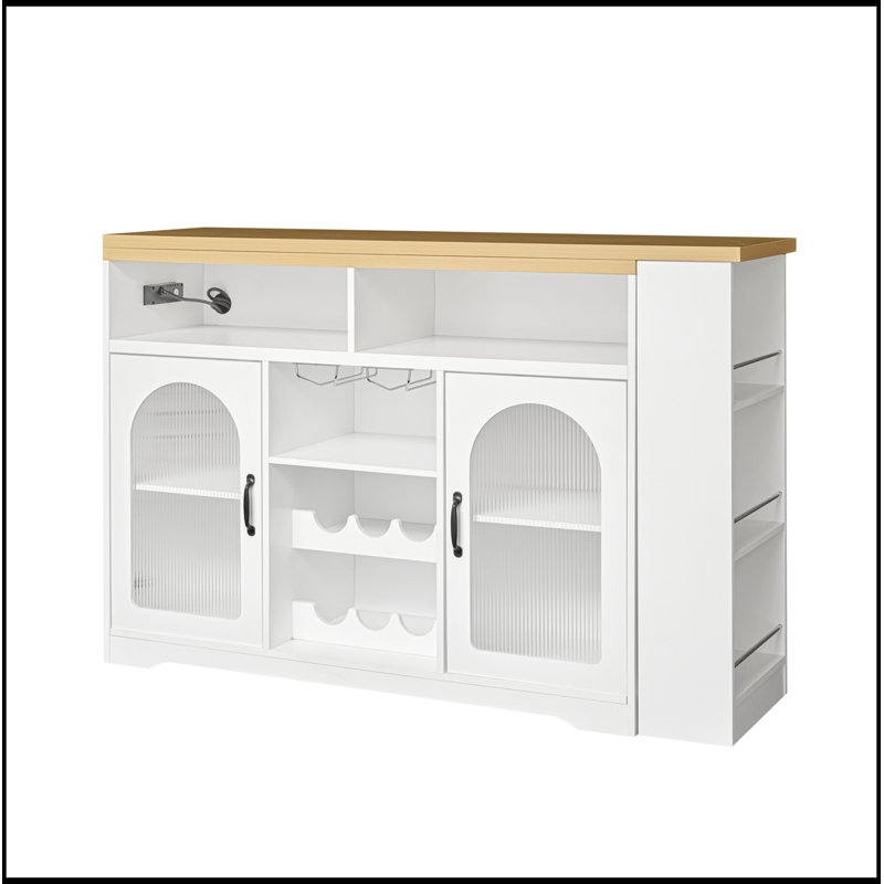 Îlot de cuisine avec plateau de table extensible, support à vin, éclairage DEL et prise de courant, Naturel + blanc