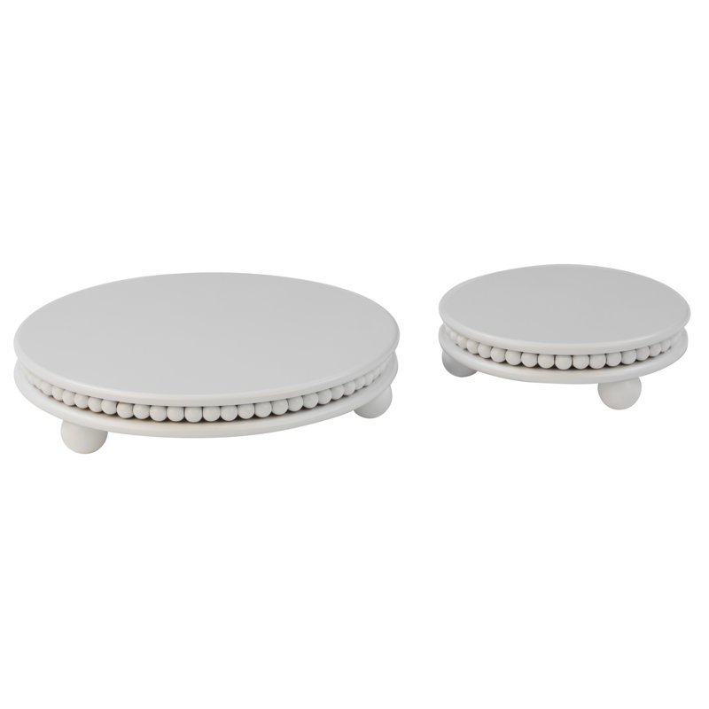 White Round Wood Beaded Risers - Set of 2