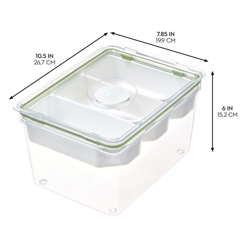 iDesign Large Tall Produce Storage Bin with 3 Movable Dividers, 7.85” L x 10.5” W x 6” H, Clear Bin