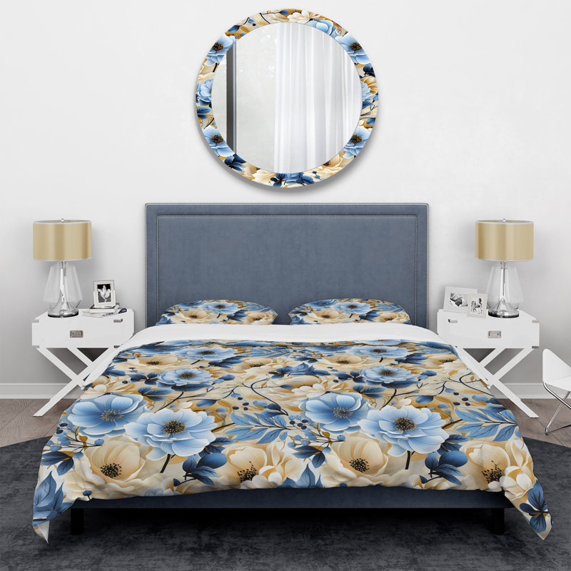 Ensemble de housse de couette à motif floral blanc et bleu Bliss, Housse de couette pour grand lit et 2 taies décor