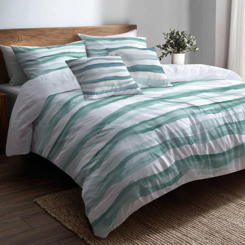 Ensemble de literie à rayures - Ensemble de housse de couette et coussin décoratif Modern Green Lines