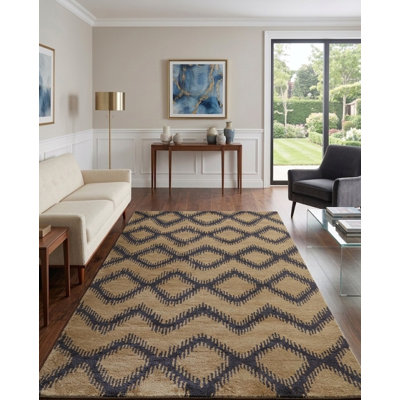 Gold | Charcoal Wool Handmade Geometric Indoor Area Rug Hand Knotted Rectangle