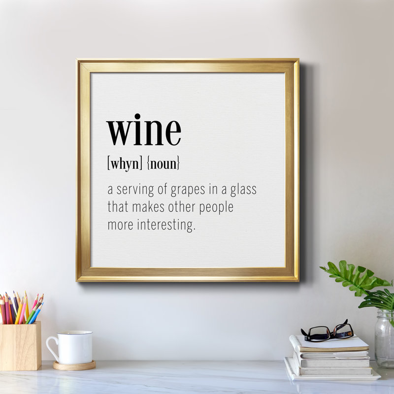 "Wine", art textuel sur toile, Toile encadrée dorée, H 34,5 po x l 34,5 po x P 1,5 po