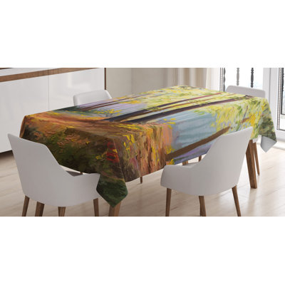 Ambesonne Country Tablecloth, Image Of Spring Landscape In Forest With Falling Leaf And Various Trees Mod Print, Rectangular Table Cover For Dining Room Kitchen Decor, 52" X 70", Brown Green