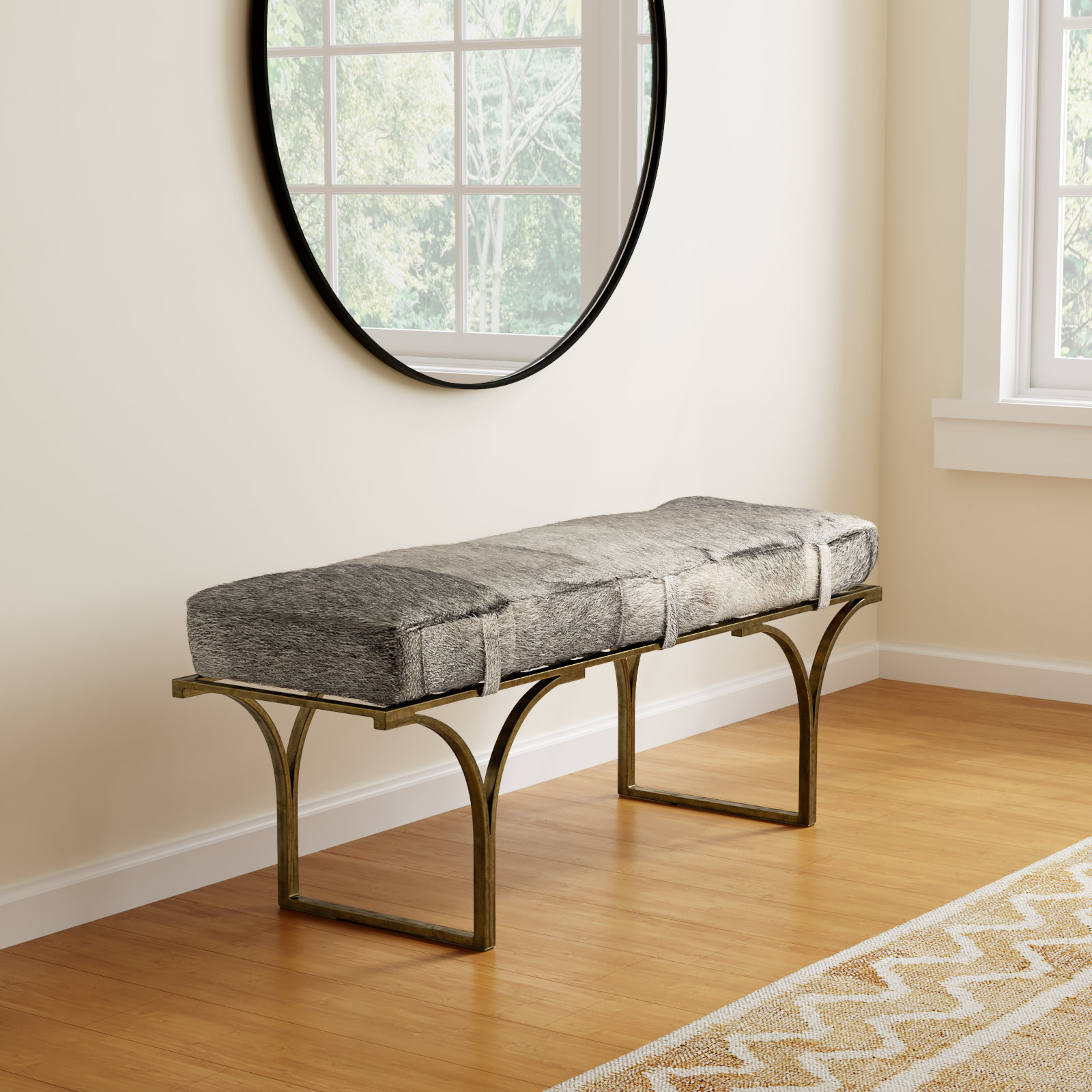 Magnolia Bench, Gray Hair on Hide Genuine Leather