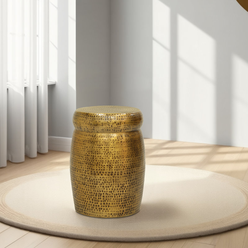 Kvira Round Drum Accent Table, Hammered Antique Gold Brass Side End Table for Living Room