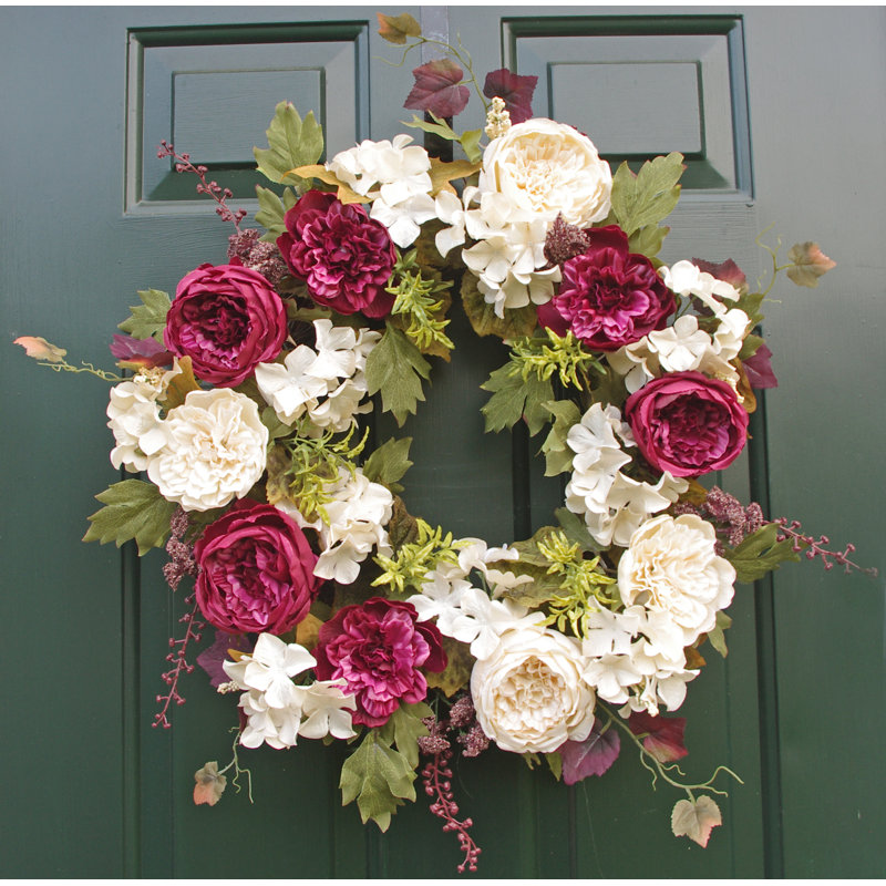 Couronne en hortensia et chou rose dahlia en polyester 22 po, Bourgogne / Crème