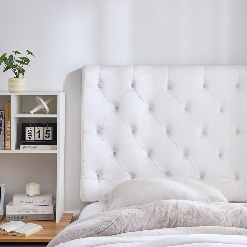 Tufted Velvet Plush Left Side Outlet Headboard with Legs - White