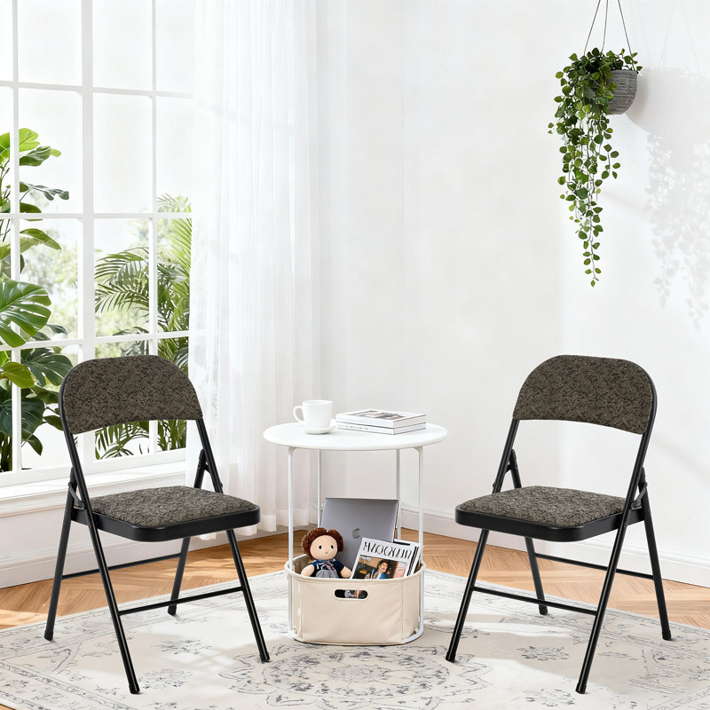 Fabric Padded Folding Chair, Upholstered Stackable Folding Chair Set, Black/Gray, 2