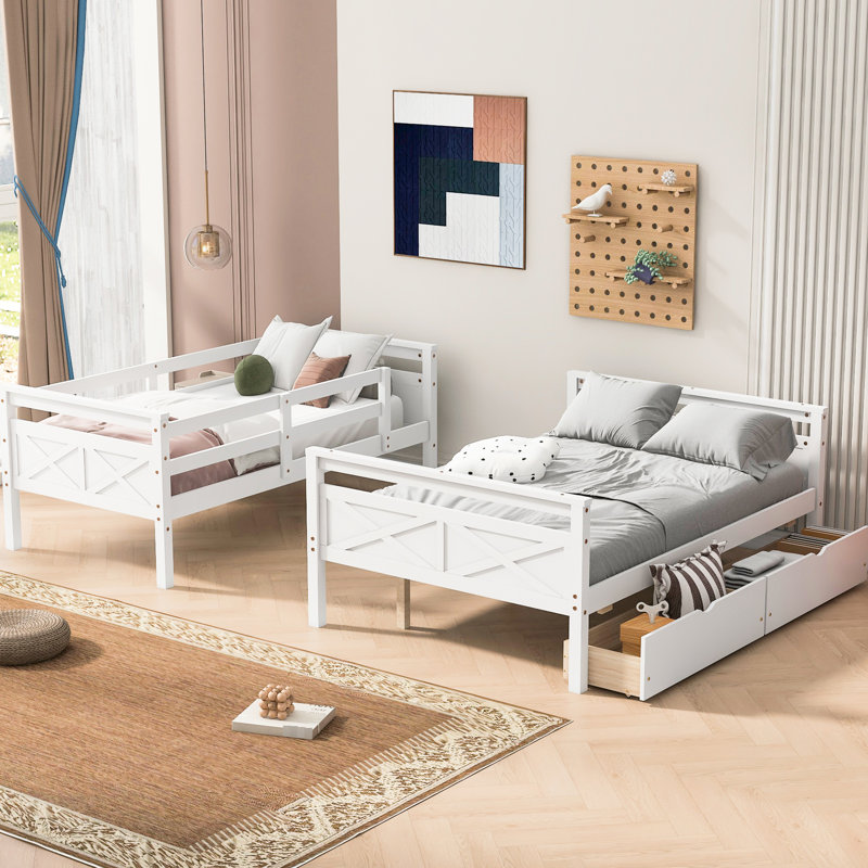 Lit simple superposé au dessus d'un lit double, blanc avec 2 mesures de rangement pour un sommeil stable et sécuritaire,