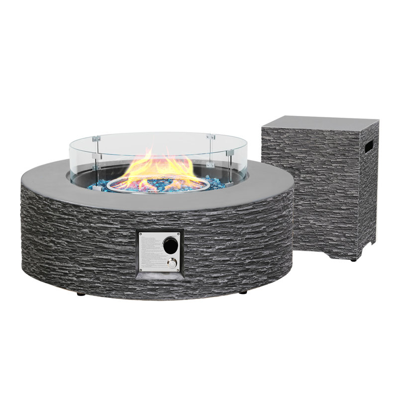 Wilfrid 12" H x 40.5" W Concrete Propane Outdoor Fire Pit Table with Tank Cover and Wind Guard, Dark Gray