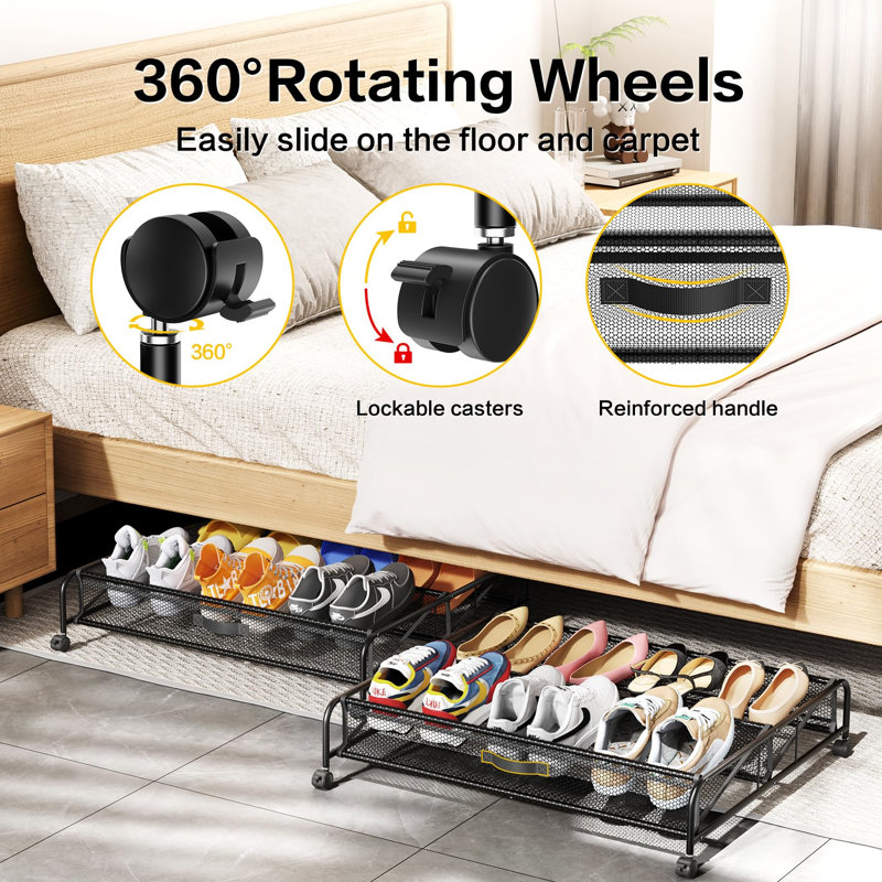 Organisateur de rangement pour chaussures sous le lit, contenants de rangement à roulettes pour tiroir à chaussures sous le lit, gain de place pour la chambre, ensemble de 2, (noir)