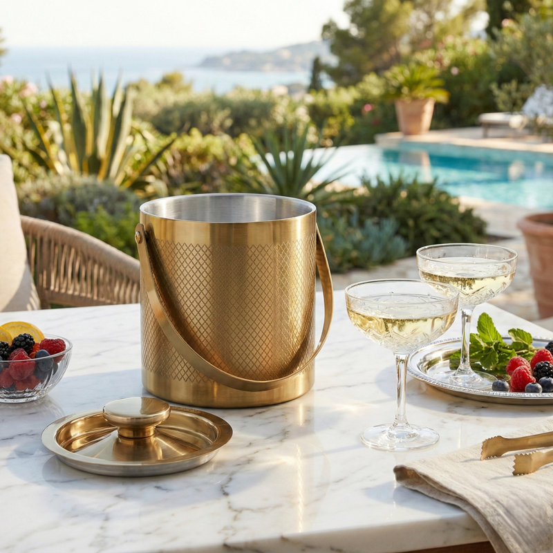 URBNLIVING Gold Metal Barware Set Cocktail Shaker Ice Bucket Wine Cooler Tongs Double Wall - Ice Bucket w/Tongs