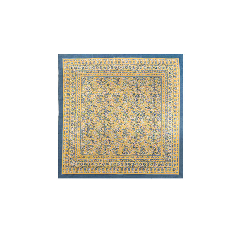 La Mer Handmade Floral Tablecloth, 70"  Round, Yellow/Teal