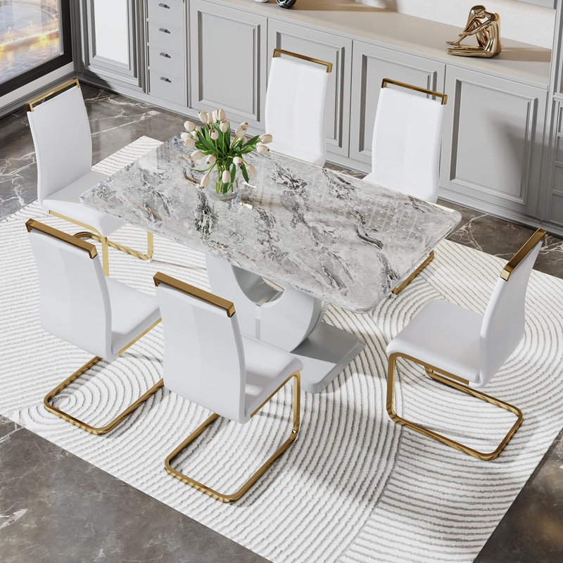 7 Piece - Marbled Dining Table Set, White/Gold