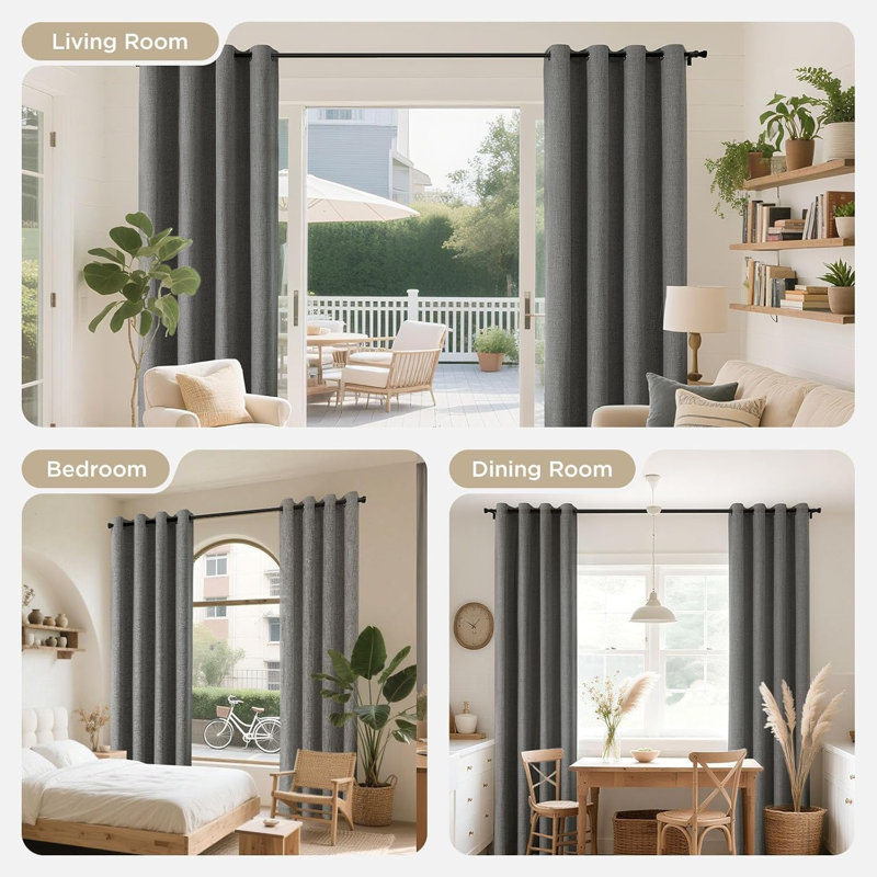 52×63in 2 Panel Linen Textured 100% Blackout Eyelet Curtains, Thermal Insulated Coated Short Drapes, Grey