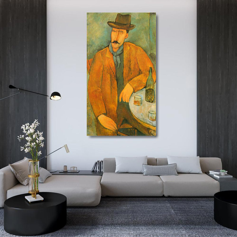 Homme avec un verre à vin, H 48 po x l 27 po