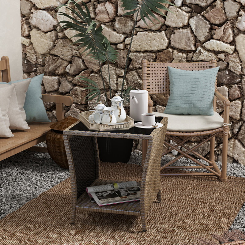 PE Rattan Patio Side Table - Outdoor Wicker End Table with Black Glass Top, Rattan Coffe Table in Iron Frame for Backyard Balcony Poolside, Dark Brown