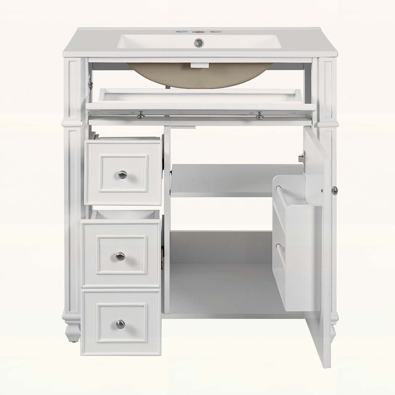 Meuble-lavabo de salle de bain avec lavabo en céramique de 30 po et rangement intérieur pour un rangement efficace, Blanc