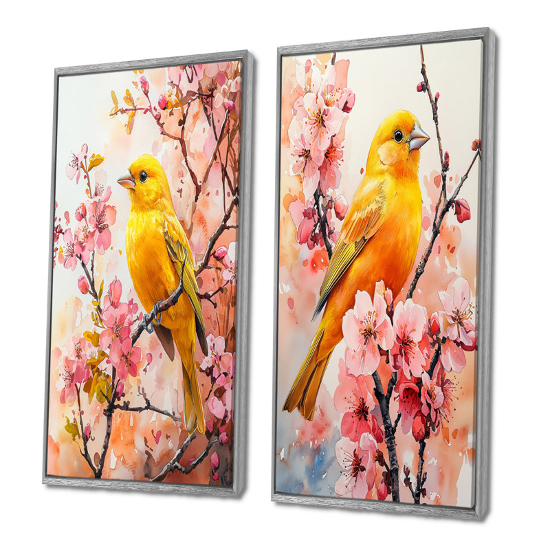 «Golden Finch parmi les fleurs roses», art mural 2 pièces, H 40 po x l 41 po, Encadrement argenté