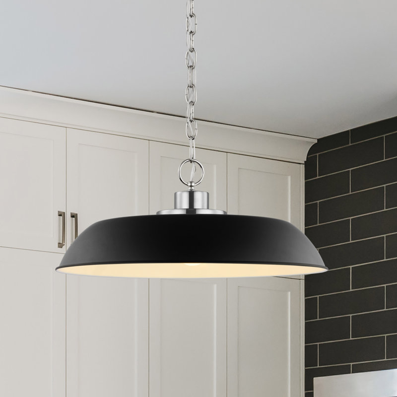 Eddy 1-Light Dimmable Steel Dome Pendant, 8" H x 19.9" W x 19.9" D, Matte Black/Polished Nickel