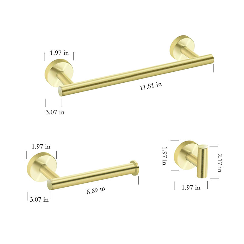 Gold Bathroom 3 Hardware - Sus304 Stainless Steel. Rust- Bath Accessories. Towel Bar, Toilet Paper Holder, Robe Hook. Modern Round Design With Scratch- Finish. Easy To Install. Mounting Accessories