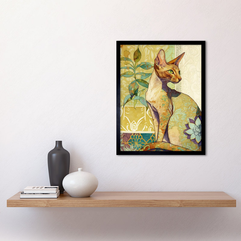 Oriental Shorthair Cat With Nouveau Botanical Patterns Colourful Watercolour - Single Picture Frame Print
