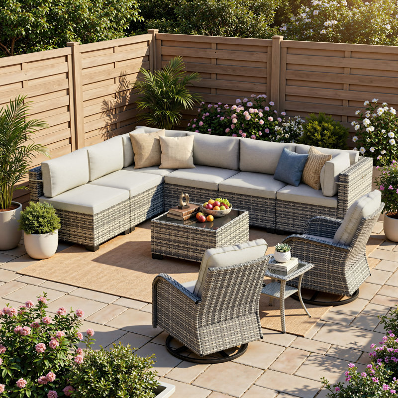 Ensemble de conversation modulaire en osier 10 pièces avec chaises berçantes pivotantes, table basse et table d'appoint, ensemble de conversation pour patio toutes saisons