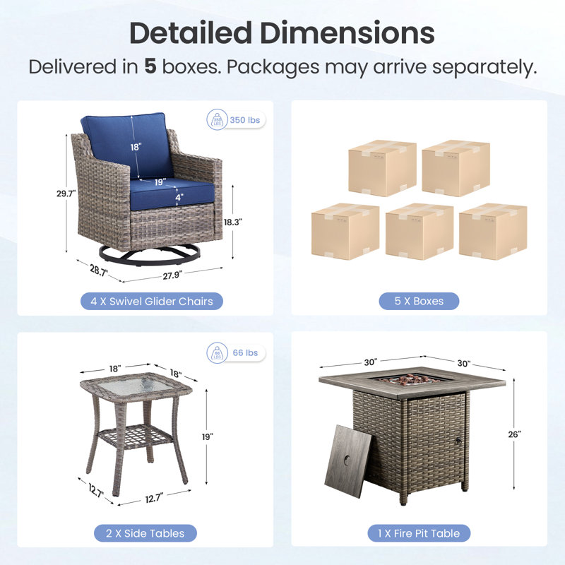 Maelie 4 Person Outdoor Seating Group With Square Fire Pit, Patio Conversation Set With Swivel Gliders And Side Tables, Blue