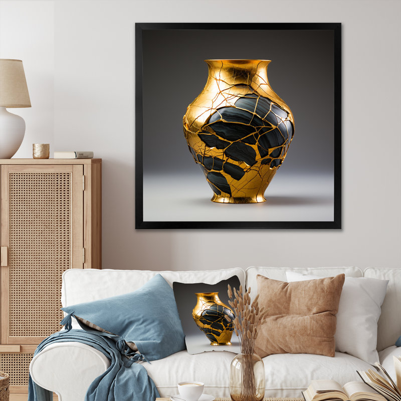 Japon, poterie Kintsugi doré, reproduction sur toile, Cadre simple noir, H 24 po x l 24 po x P 1 po