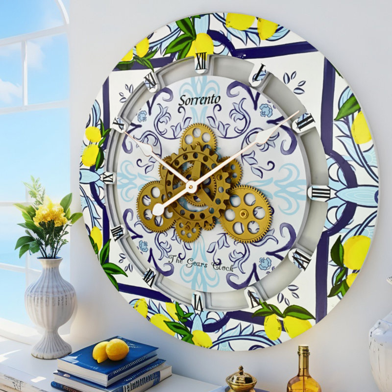Wall Clock 24" Oversized for Living Room decor with Real Moving Gears Italy Collection, Sorrento