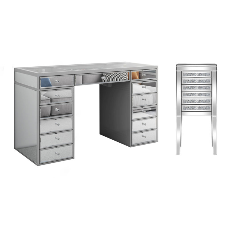130Cm Hollywood Style Mirrored Makeup Vanity with 13 Drawers & 50Cm 6-Drawer Chest Vanity Set, Grey