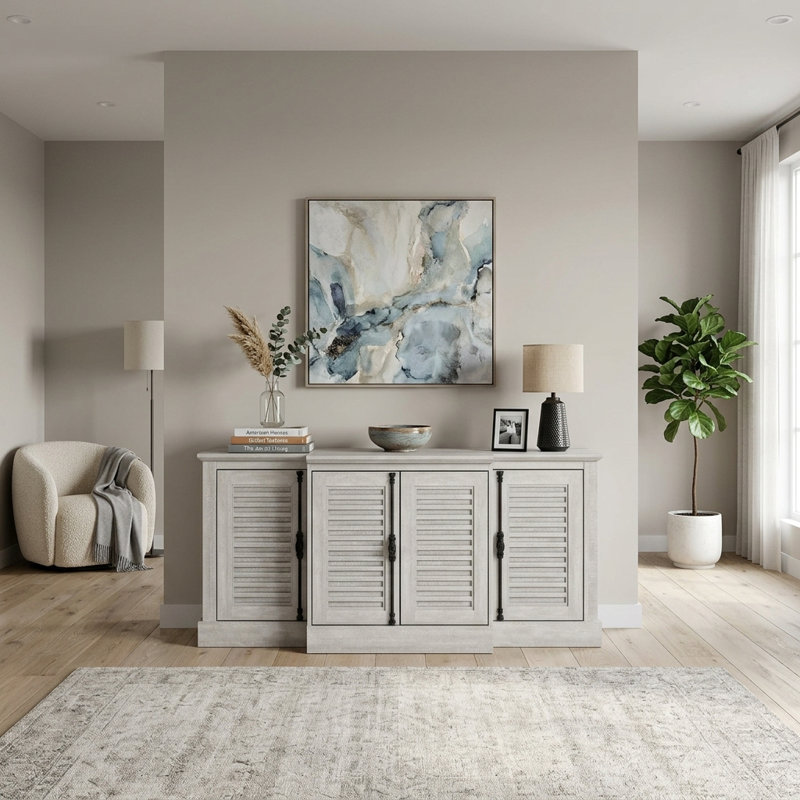 Malyha Farmhouse Louvered 4 Door Accent Sideboard, Gray