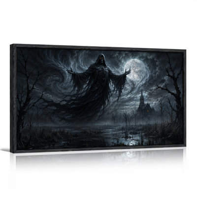Dark Hooded Reaper Figure Over Swamp Under Full Halloween Canvas Wall Art