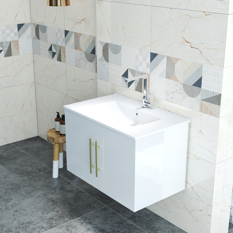 Meuble-lavabo mural avec portes doubles, Blanc lustré