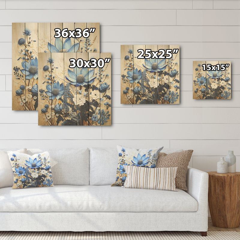 Bouquet de fleurs bleues - Bouquet de fleurs bleues sur fond de pin naturel, H 25 po x l 25 po