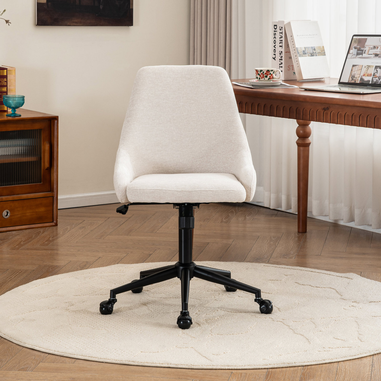 Vanora Swivel Office Chair, Beige Chenille