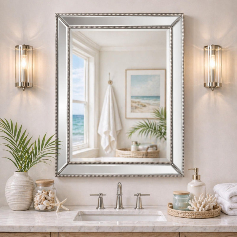 Metro Beaded Champagne Silver Glass Framed Decorative Accent Wall Mirror - 30" x 42"