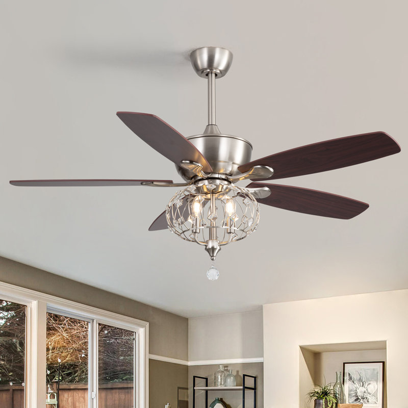 Ventilateur de plafond 52 po avec abat-jour en fer et cristal, télécommande, nickel sable