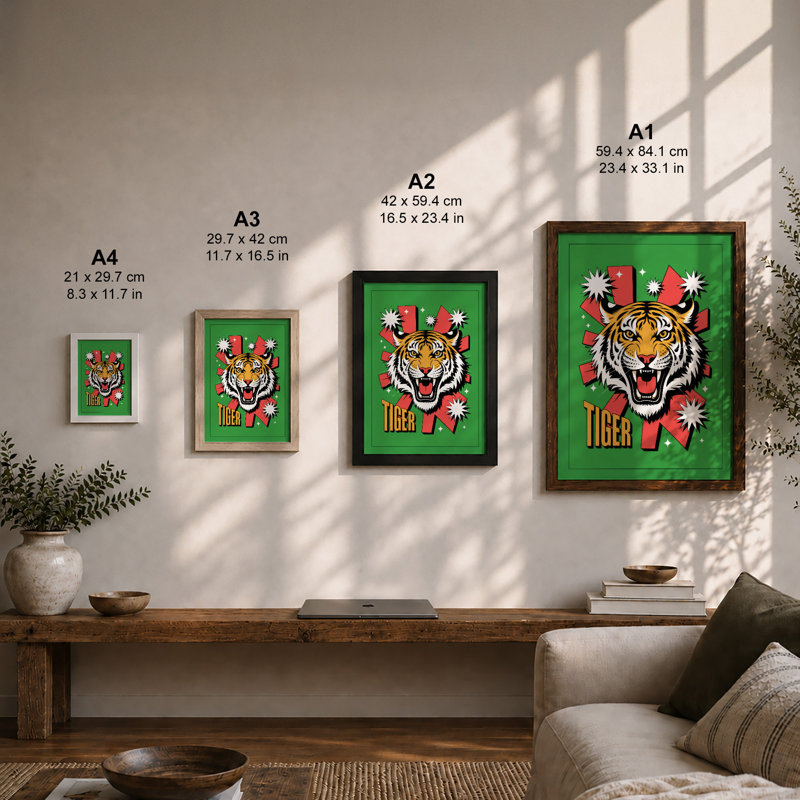 Tiger Roar Geometric - Framed Print, A2 - 59.4 x 42.0 cm, Walnut