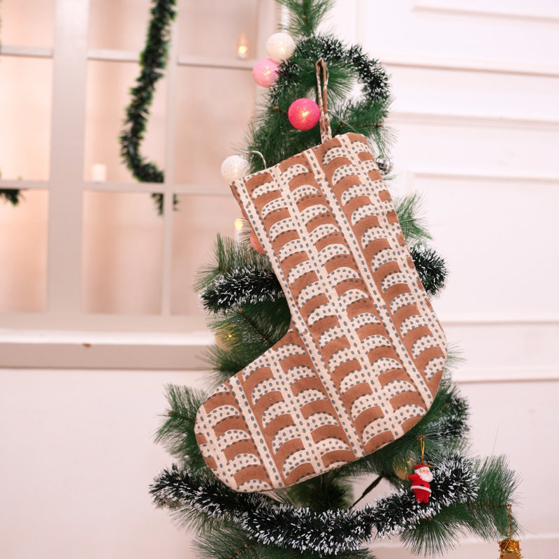  Chaussette de Noël imprimée à la main en lin écologique - Garud, H 16 po x l 6,5 po