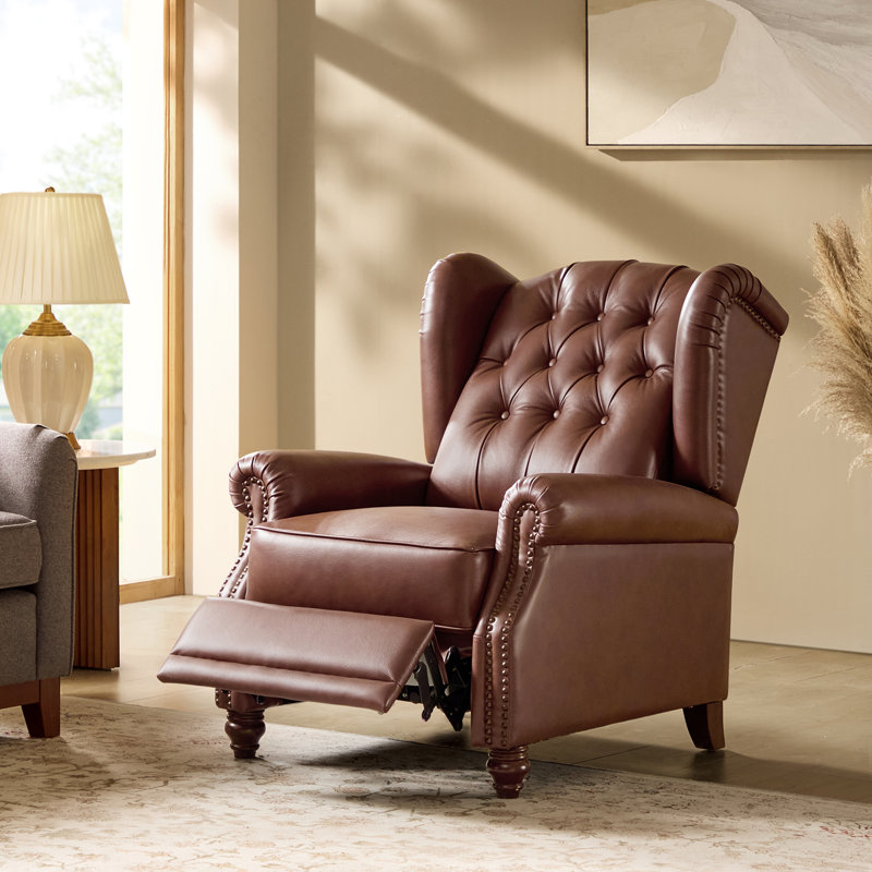 Cherri 32.5" Genuine Leather Wingback Power Recliner with Charging Ports, Brown