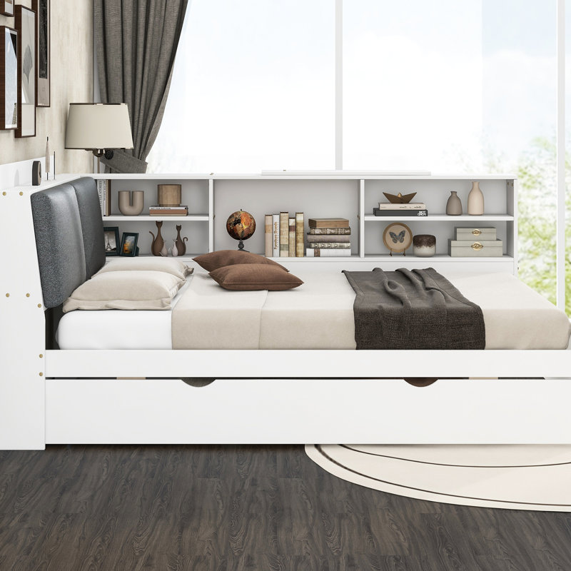Lit plateforme en bois blanc avec lit gigogne, tête de lit avec rangement et étagères - tablettes élégantes à effleurement, peu encombrantes