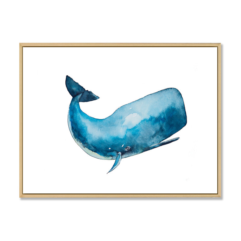 Baleine bleue sur fond blanc I - Peinture sur toile, H 12 po x l 20 po x P 1 po, Cadre flottant en érable