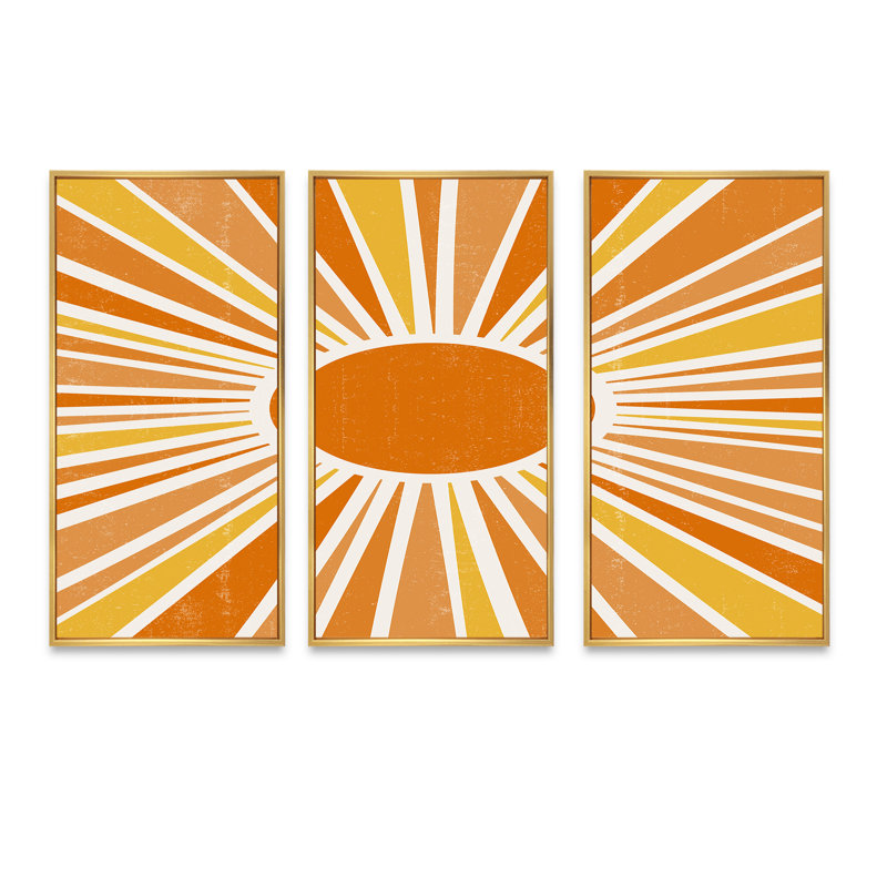 «Minimalist Bright Shining Orange Sun Rays I», reproduction de cadre flottant sur toile 3 pièces, Cadre doré