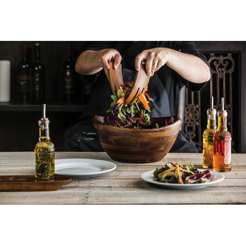 Acacia Wood Salad Bowl with Integrated Tossing Tools