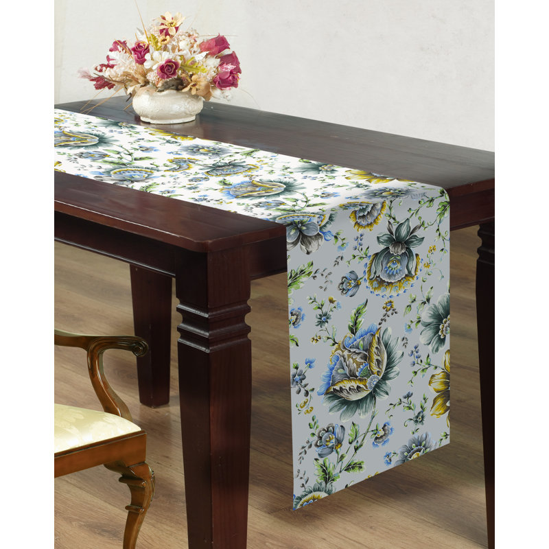 Delyth Handmade Floral Table Runner Jaco Blue Polyester Dining Table Runner for Luxurious Table Decor