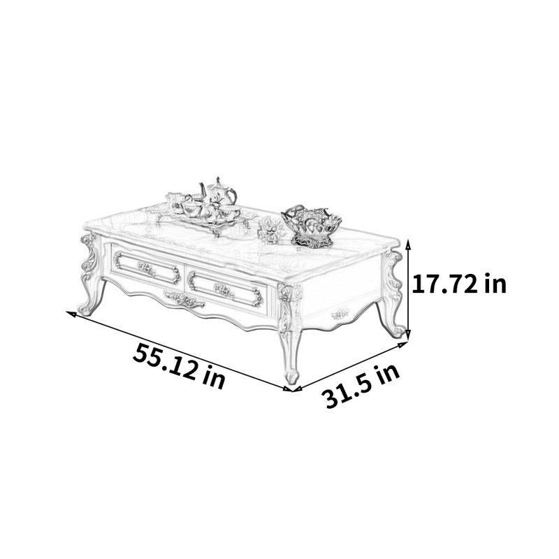 Table basse French Marble, H 17,72 po x L 55,12 po x l 31,5 po